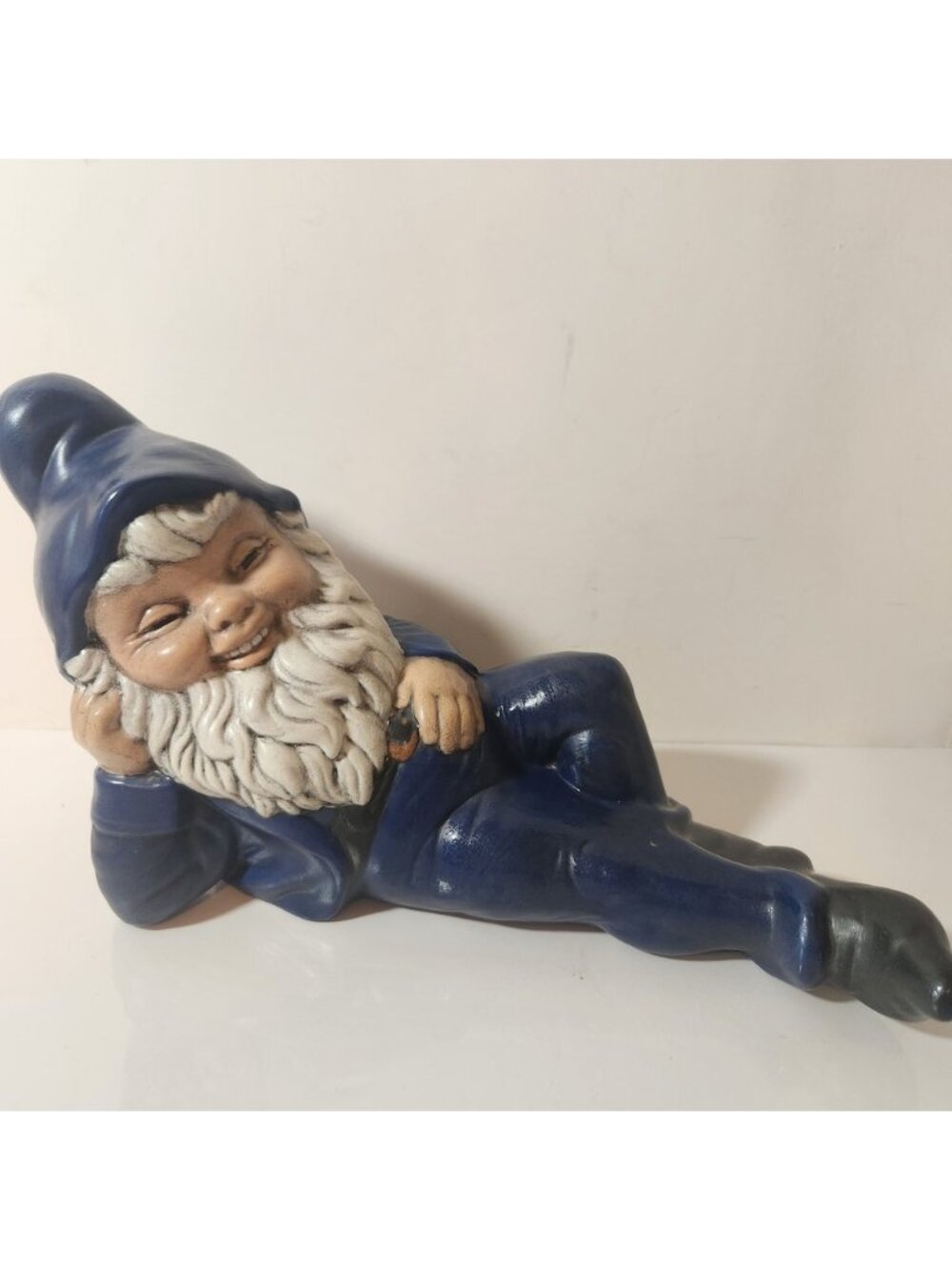 Vintage Reclining Garden Gnome Figurine Blue Ceramic Lounging Elf Statue 10in